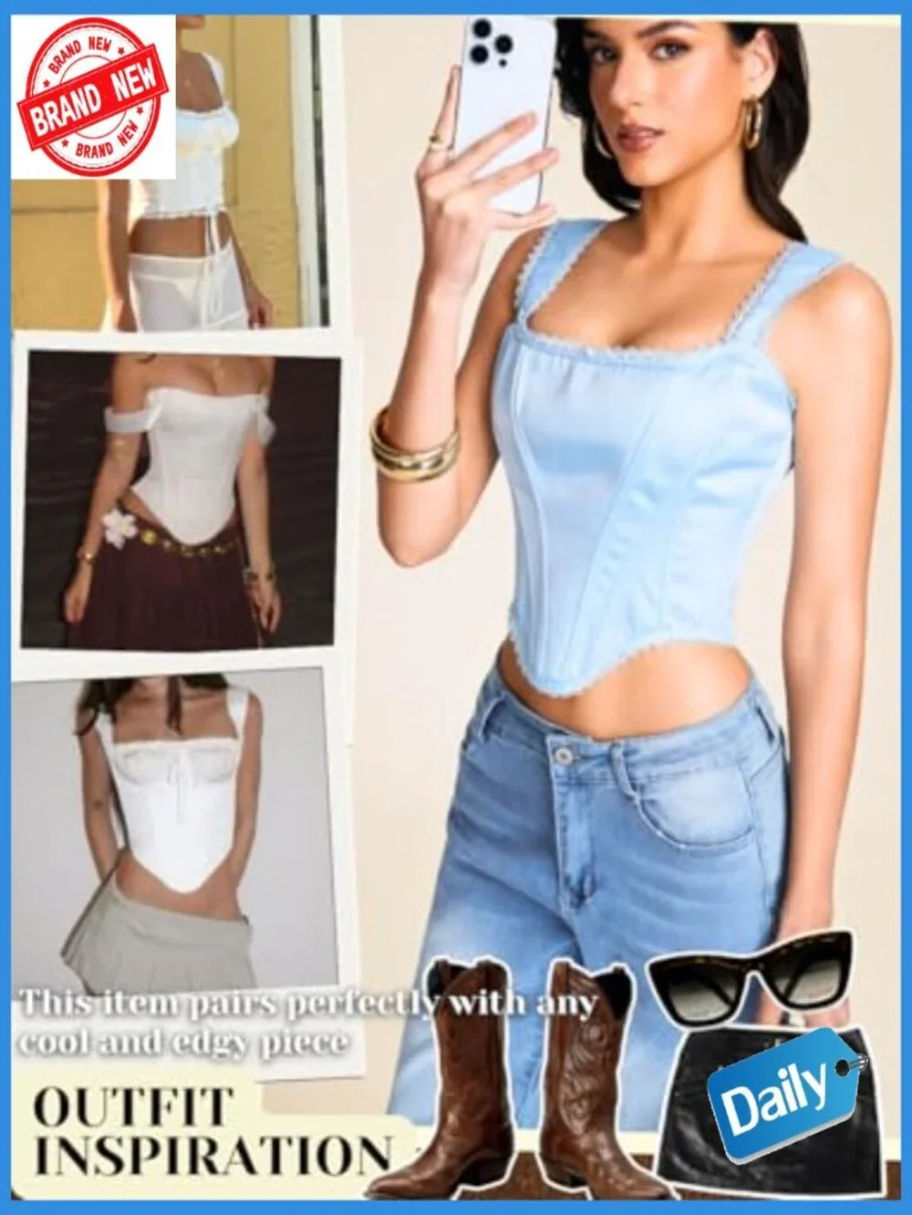 Satin Corset Crop Top, Square Neck Lace Trim Bustier, Renaissance Fairy